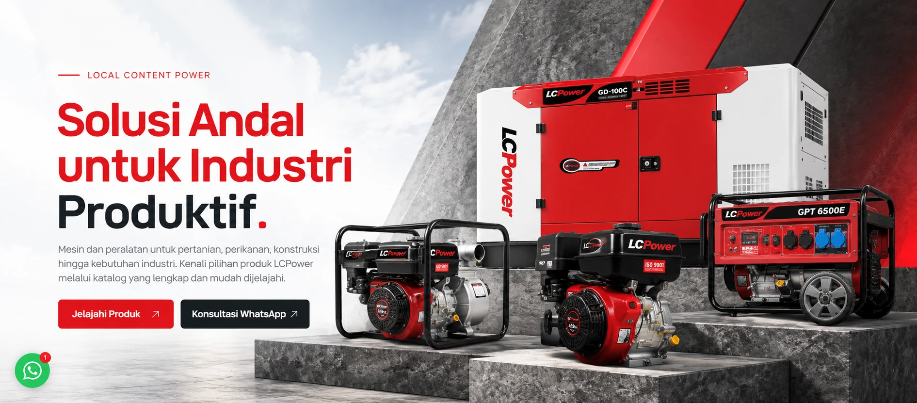Visual LCPower: genset diesel GD-100C, genset GPT 6500E, pompa air, dan mesin penggerak.